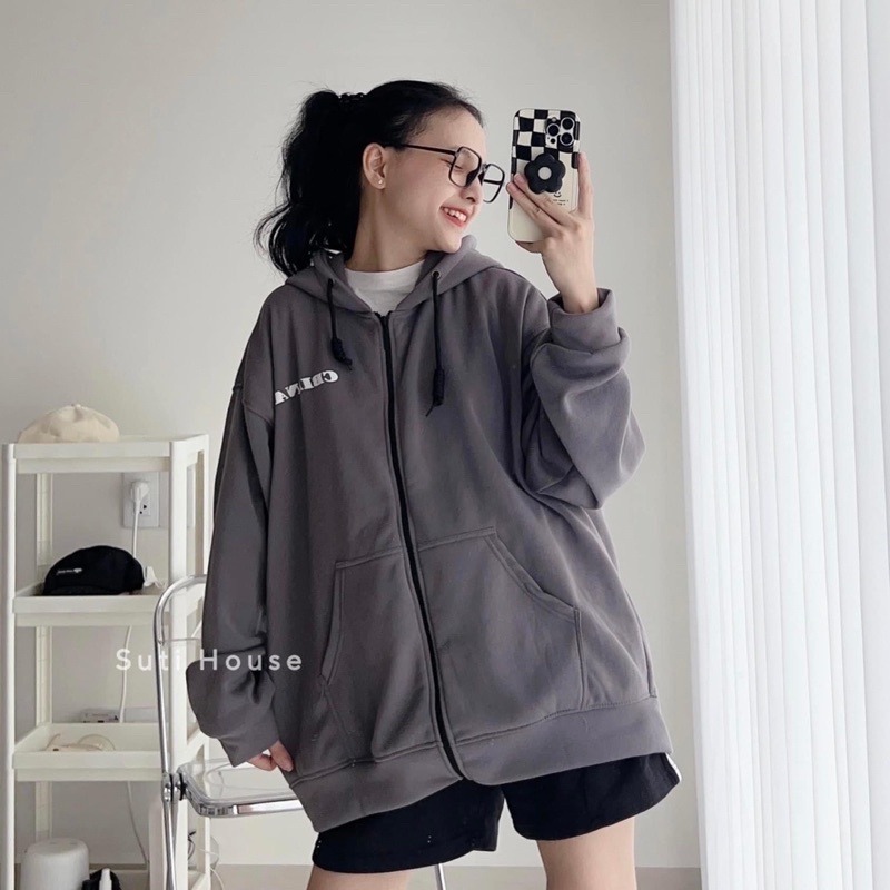 Áo Khoác khoá Kéo Chữ 7 Màu Basic Unisex Nam Nữ Form Thụng Tay Bồng Chất Nỉ Bông Cotton Màu Lông Chuột