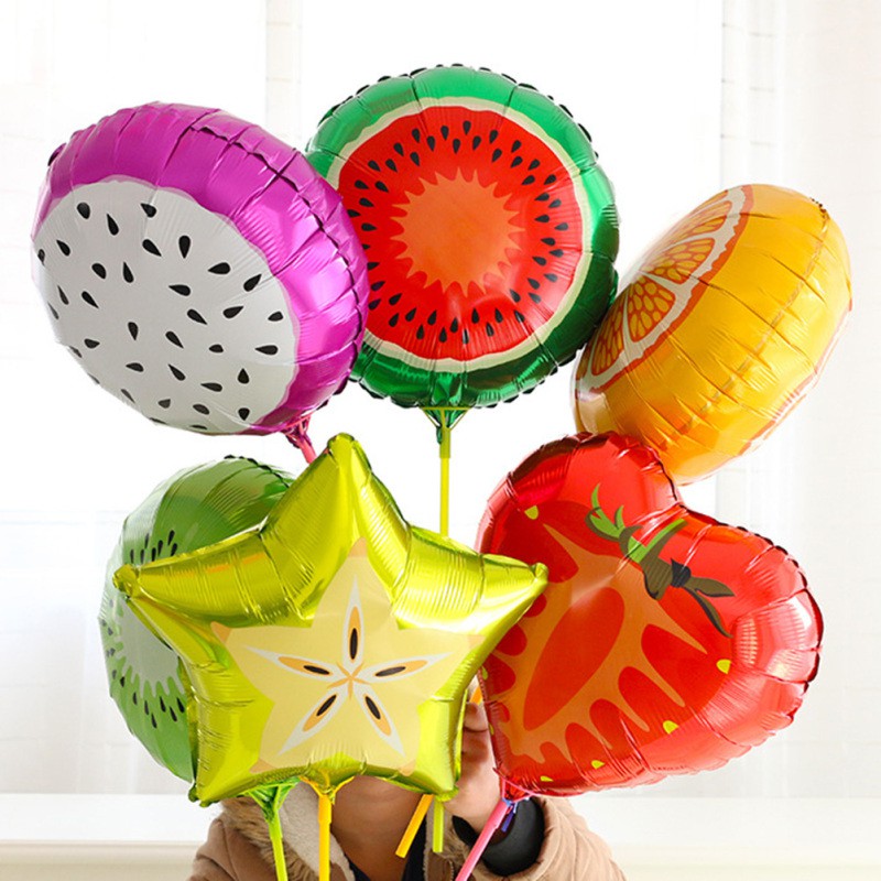 Set 10 bong bóng lá nhôm hình trái cây 45cm + 1 quả dâu tây/cambola + 2 quả dưa hấu + 2 quả Kiwi + 1 miếng dán tường trang trí tiệc cưới/si