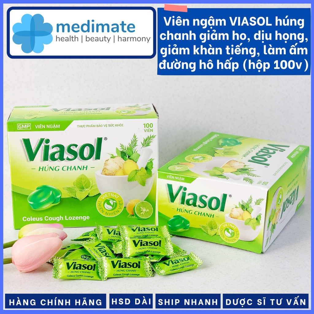 Viên ngậm VIASOL Húng Chanh giảm ho, giảm đau họng, dịu họng, làm ấm đường hô hấp (hộp 100 viên)
