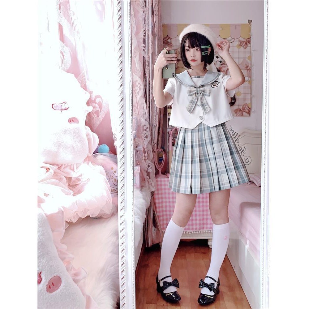 Seifuku/ JK/ Set váy đồng phục học sinh Nhật Bản: áo cổ thủy thủ hình bơ dễ thương + chân váy xòe xếp ly kẻ caro