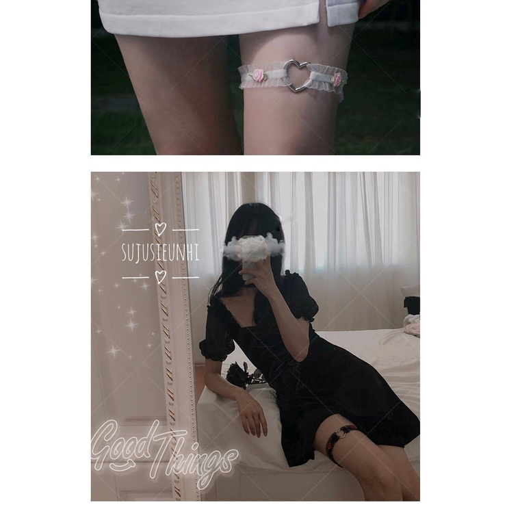 (2 màu)Vòng choker ren voan bèo nhún đính hoa hồng đeo cổ, đeo đùi lolita (tự chỉnh được cỡ)