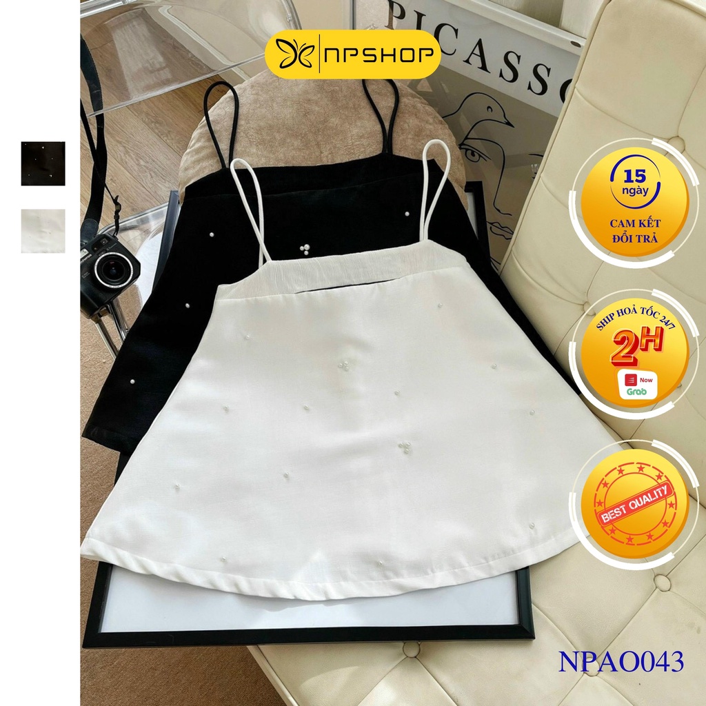 Áo 2 dây babydoll, áo hai dây đính hạt 2M trắng, đen NPAO043