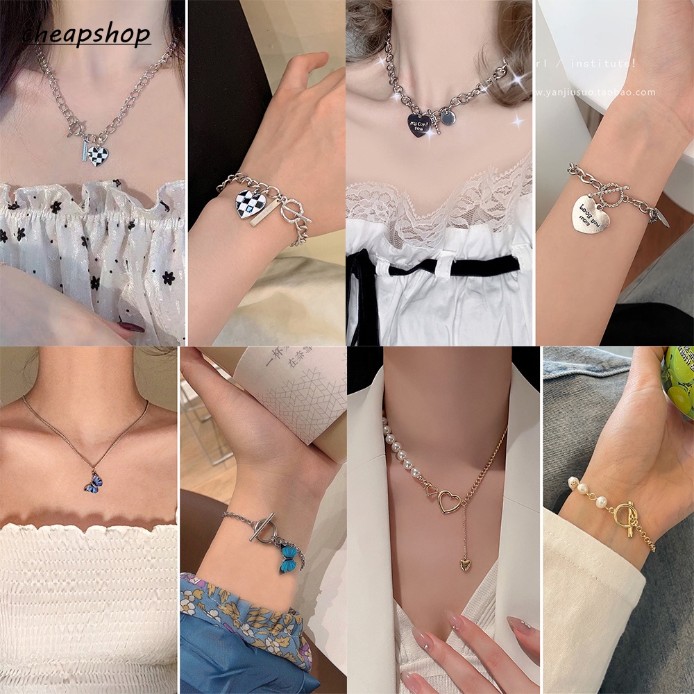 iF YOU Fashion Pearl Butterfly Necklace Bracelet Set Plaid Heart Pendant Necklace Gold Bracelet Women Jewelry Accessories