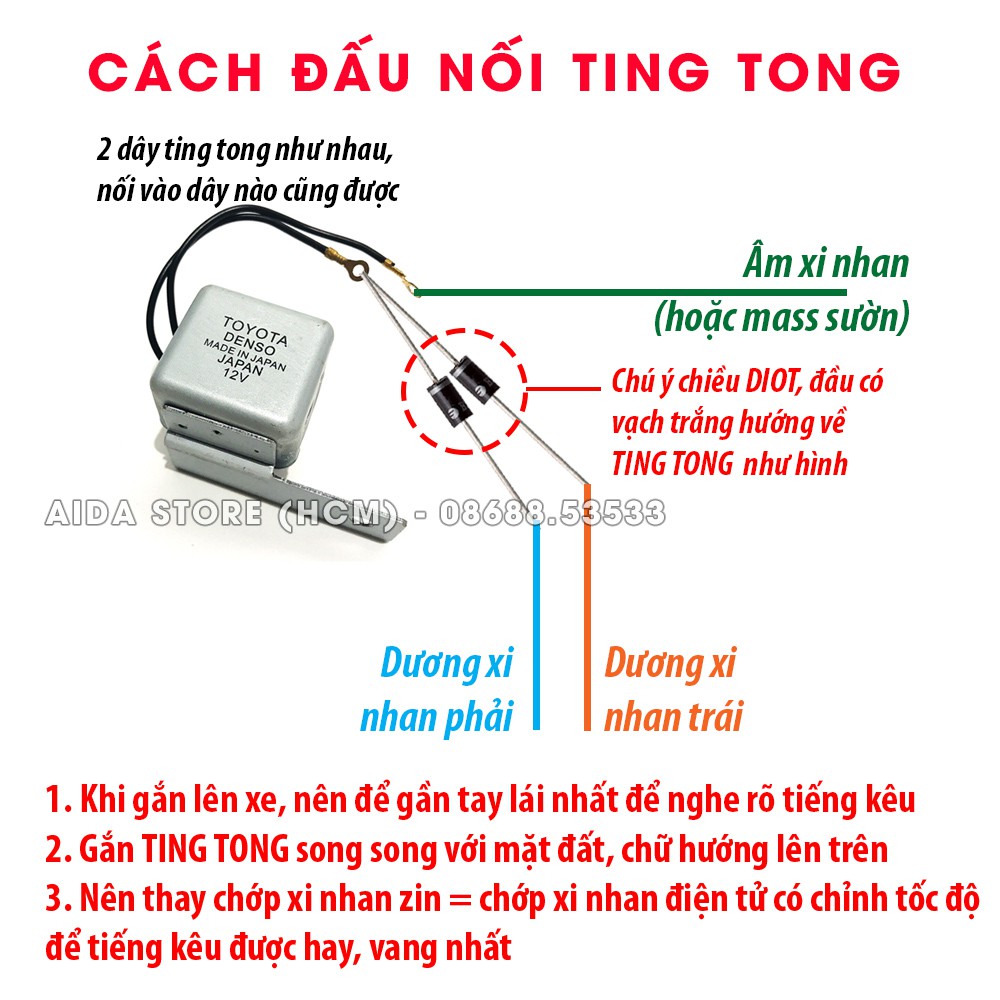 Bộ Ting Tong xi nhan sẵn giắc cho xe máy, xe điện Klara kèm dây thít, dây rút nhựa