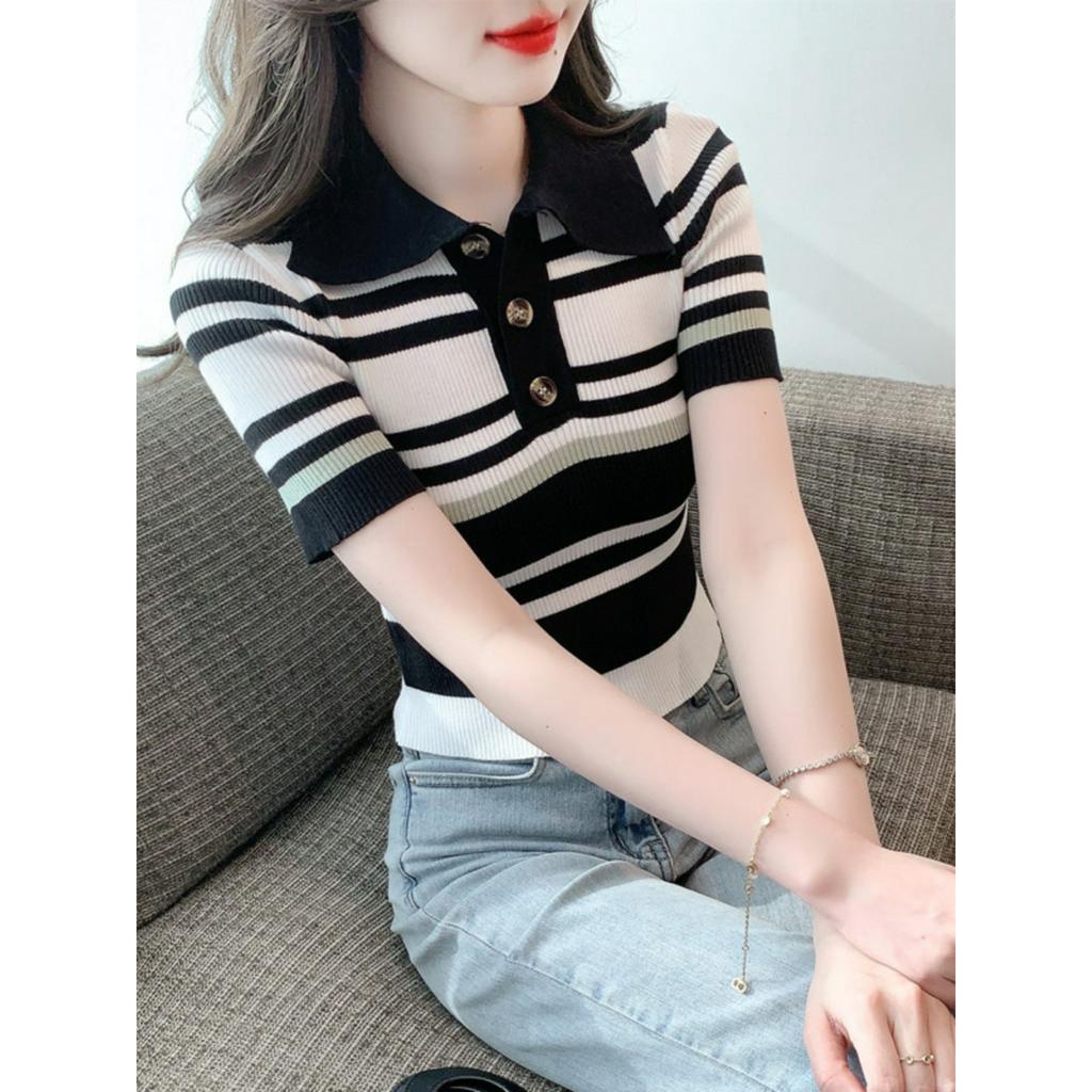 [L2M] Áo len Montoghi dệt kim SỌC phối LINE MÀU cổ nút kiểu dáng thanh lịch