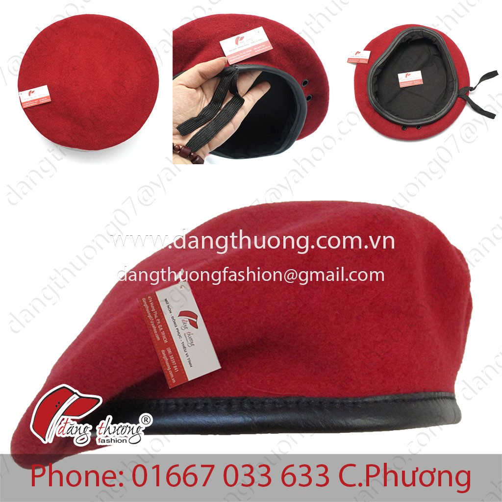 Mũ nồi beret nỉ dạ ĐEN - ĐỎ viền da Nhập Khẩu