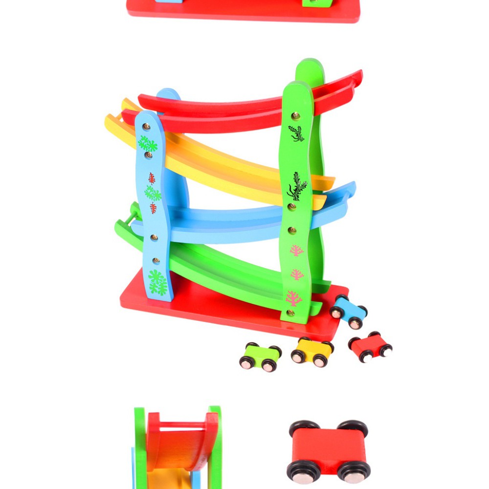 Bộ cầu trượt 4 tầng tặng kèm 4 xe bằng gỗ smart baby chất liệu gỗ và sơn an toàn, bo tròn các góc, không gây nguy hiểm c