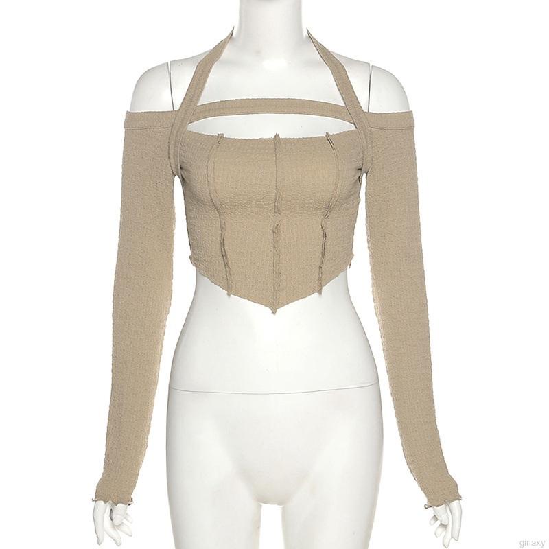 Áo croptop tay dài hở vai màu sắc thời trang Hàn Quốc cho nữ