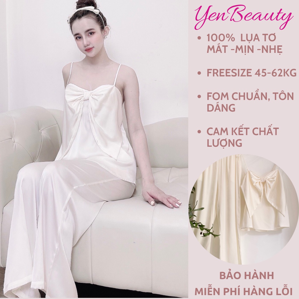 Đồ Bộ Lụa Tơ/Satin Dài Mặc Ở Nhà Nữ BIGBOW- Bộ Ngủ Nữ 2 Dây Nơ Sexy Mặc Nhà Mùa Hè, Bảng Màu Sang Chảnh - YENBEAUTY