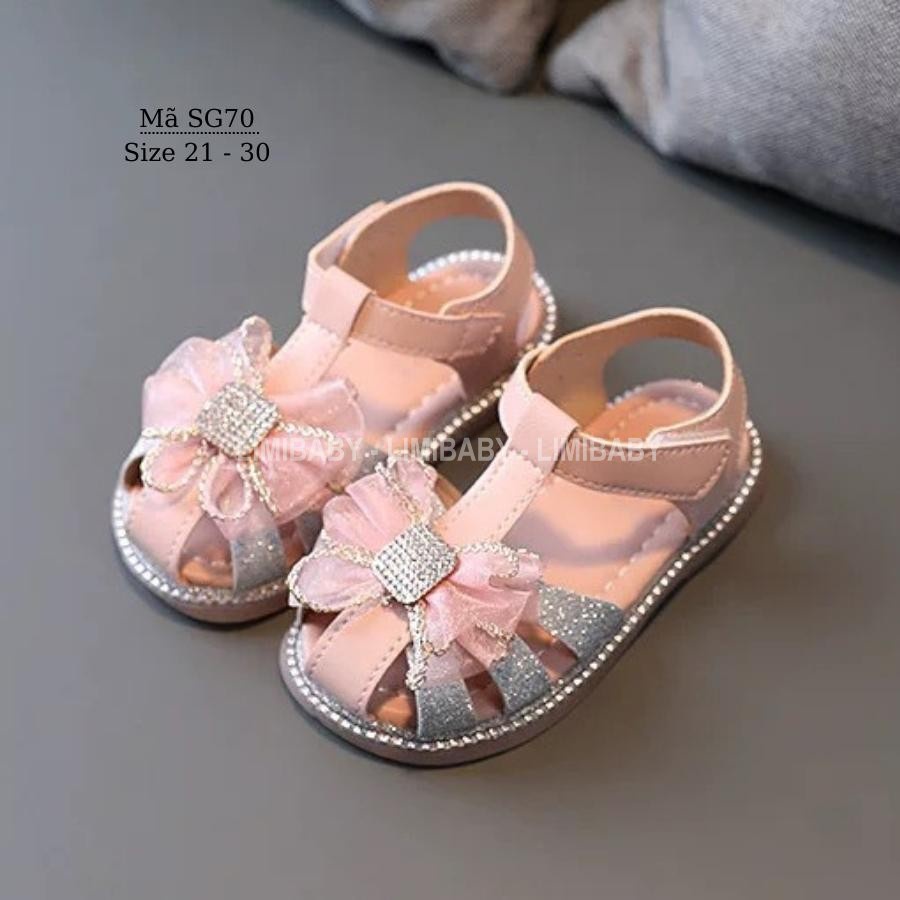 Sandal bé gái 1 - 5 tuổi đính nơ duyên dáng chất da mềm êm đế chống trơn trươt phong cách Hàn Quốc SG70