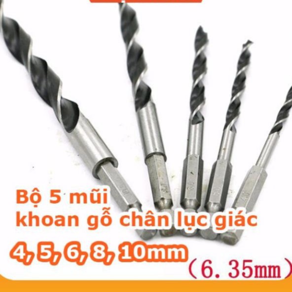 TBTI90- Bộ 5 mũi khoan gỗ có đầu định tâm, chuôi lục giác tiện lợi