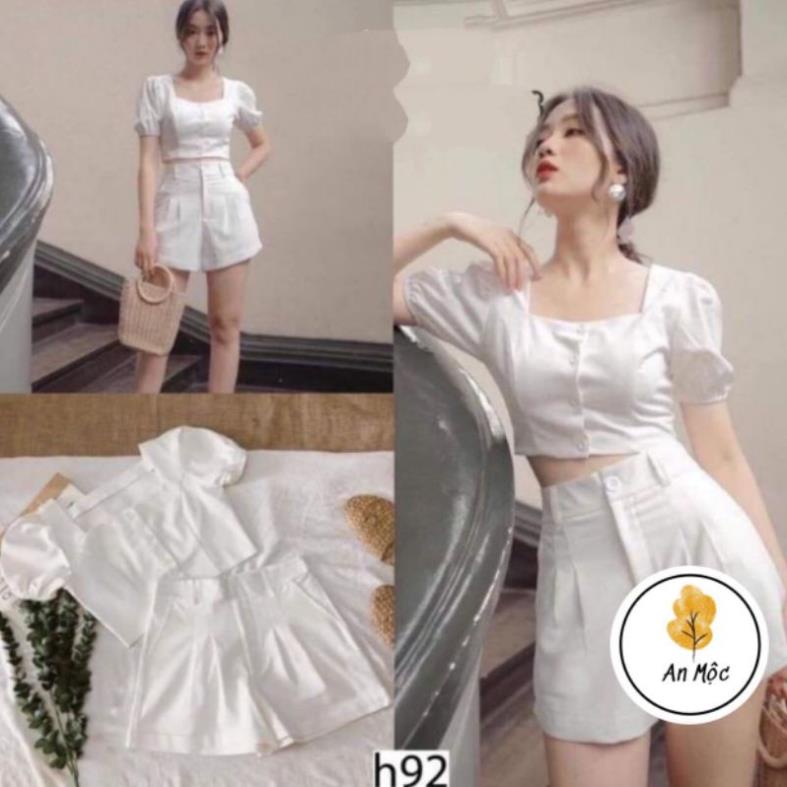 Quần short đùi trắng ống rộng lưng cao xếp ly gập gấu sang xịn mịn