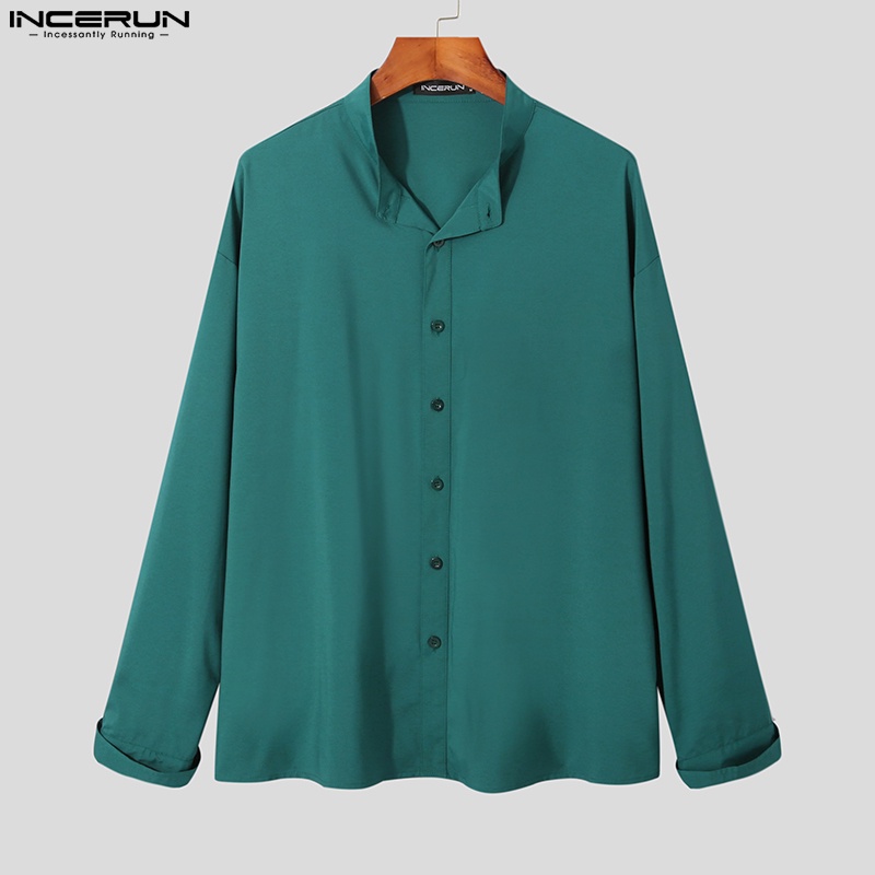 Áo sơ mi INCERUN tay dài cài nút màu trơn cỡ lớn thời trang trẻ trung dành cho nam