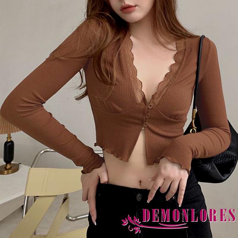 Áo croptop tay dài cổ chữ V cài nút phối ren thời trang cho nữ