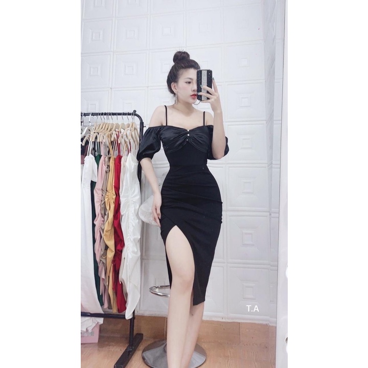 [free ship] Đầm bodycon đi dự tiệc siêu xinh với thiết kế trễ vai 2 dây, ôm body tà váy xẻ sexy, phối tay lỡ có mút