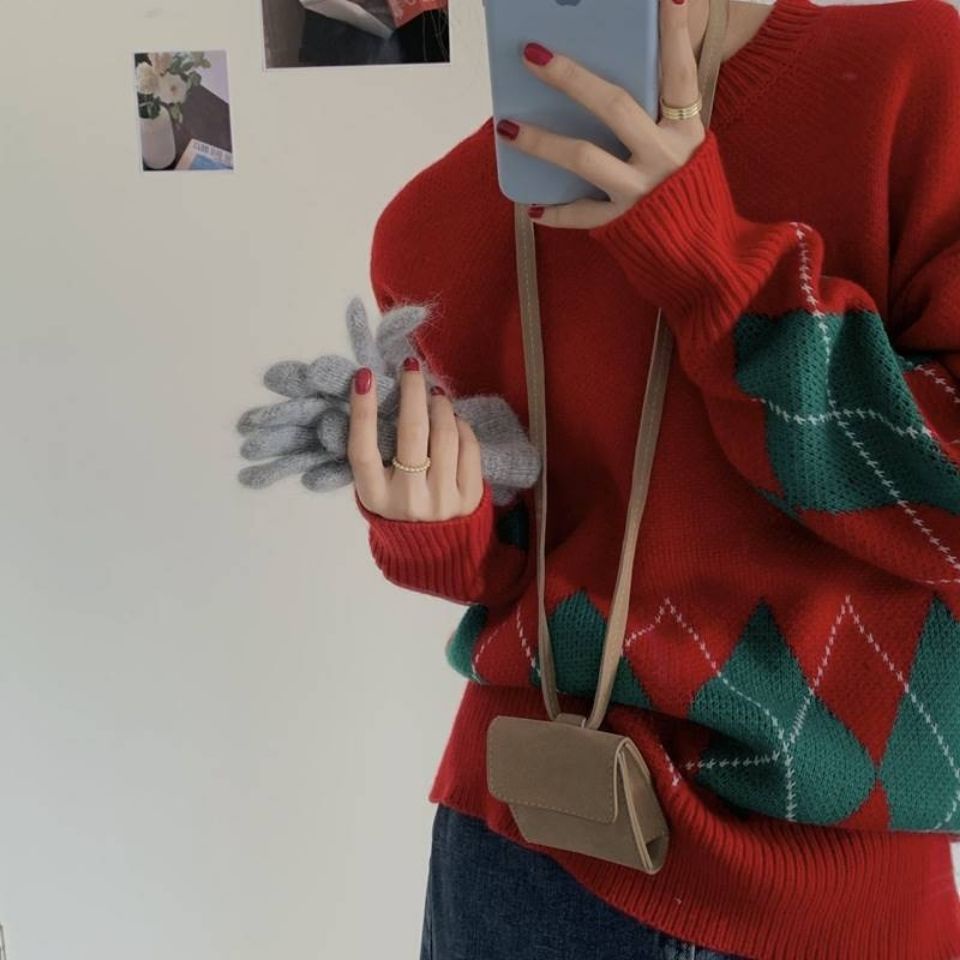 Áo sweater dáng rộng dày màu sắc tương phản thời trang thu đông mới trẻ trung dành cho nữ