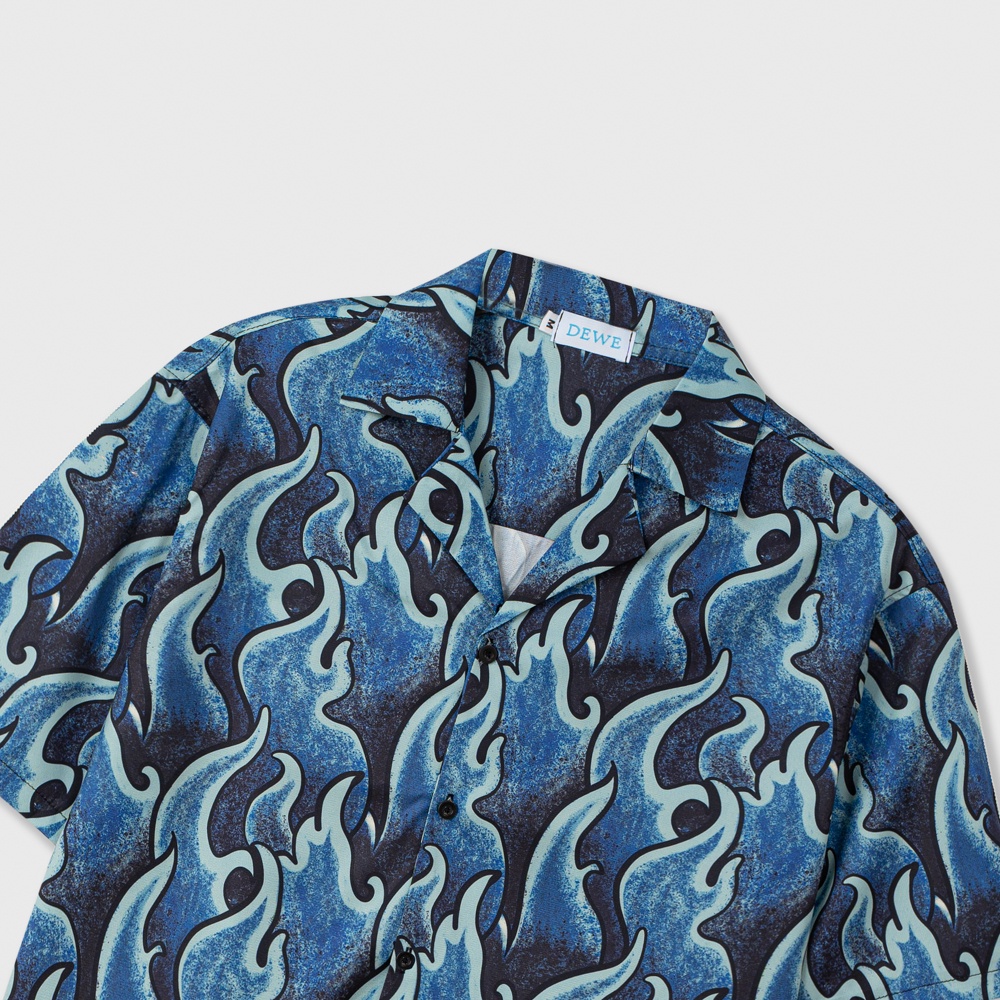 Áo sơ mi ngắn tay Dewens, vải lụa chéo nhập khẩu chống nhắn thoáng mát, hoạ tiết Lửa Xanh - DEWE Cuban Shirt