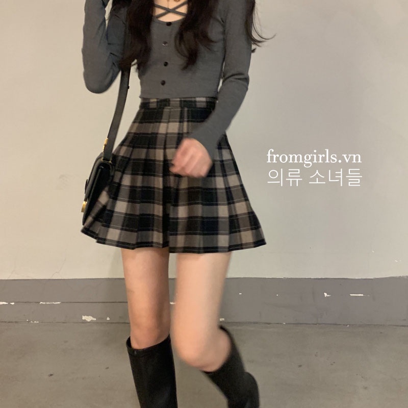 Set áo croptop dài tay chân váy tennis dạ caro có tách lẻ ulzzang Hàn Quốc