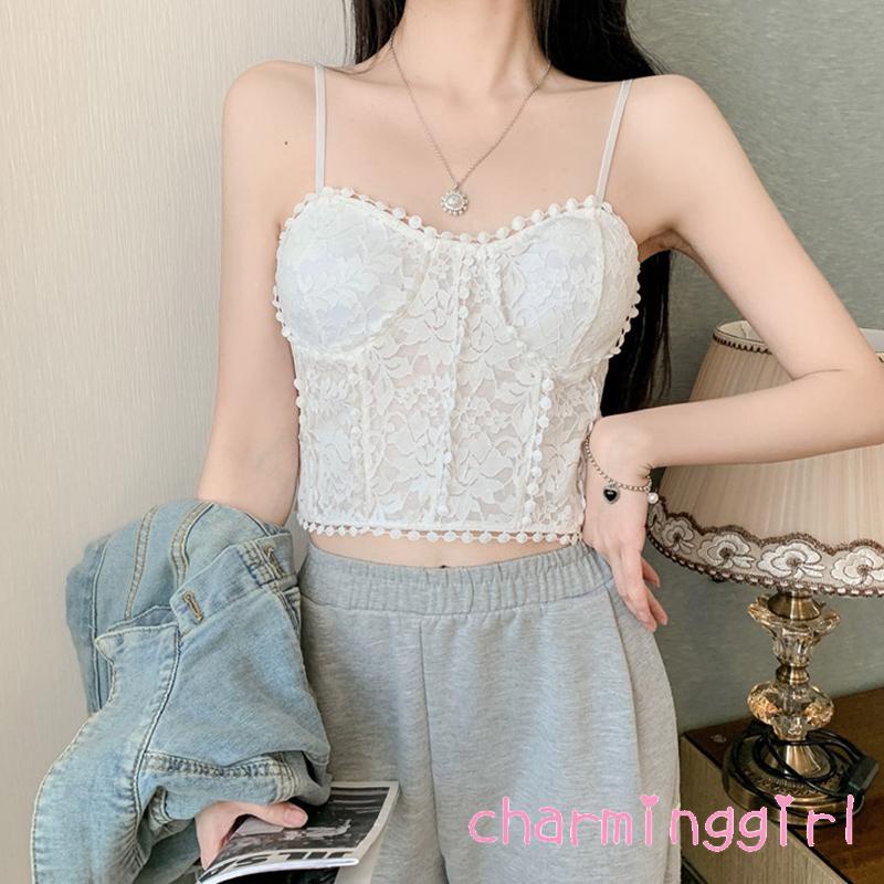 Áo Hai Dây Màu Trơn Phối Ren Hoa Có Đệm Ngực Tháo Rời Được Màu Sắc Trẻ Trung Dành Cho Nữ