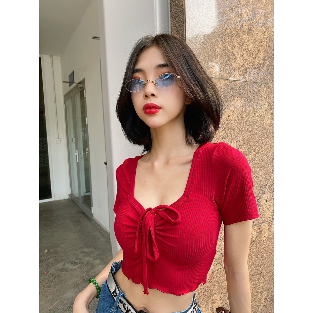 Áo Croptop Tay Ngắn Cổ Vuông Ôm Body Rút Ngực Màu Trơn
