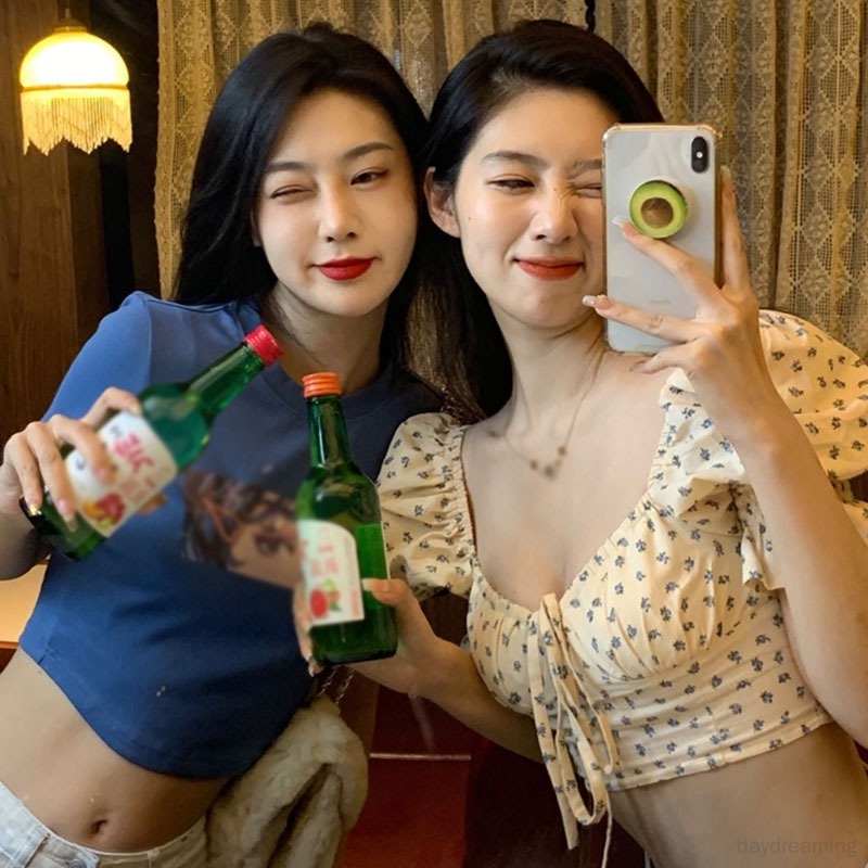 Áo Croptop Ngắn Tay Cổ Vuông Đính Nơ Ngọt Ngào Cho Nữ