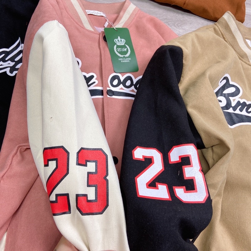 Áo Bomber Nhung Tăm 2 Lớp Áo Khoác Bóng Chày Thể Thao Số 23 Dáng Thụng Rộng