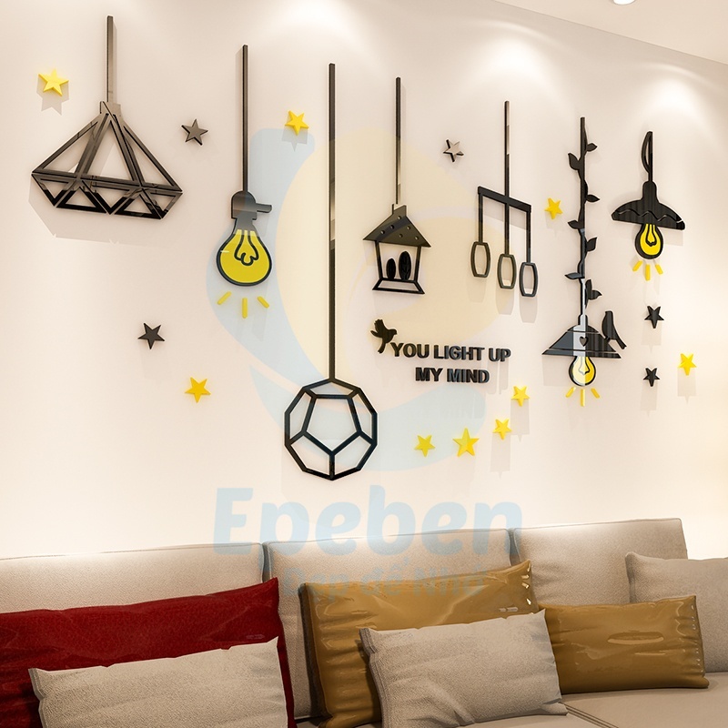 Tranh dán tường mica 3d decor khổ lớn đèn thả treo sáng tạo kiểu mới trang trí phòng khách phòng ngủ Nhiều Size - EPeBen