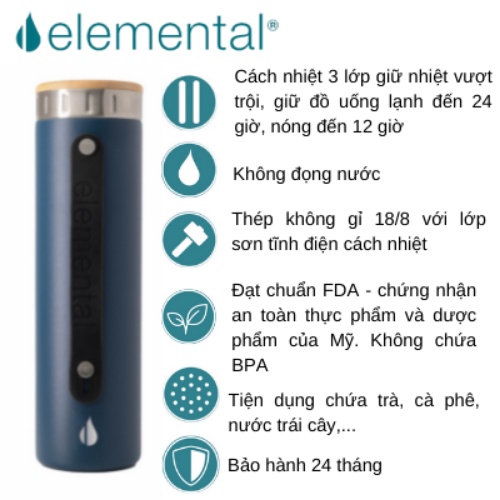 Bình giữ nhiệt Elemental 590ml  màu xanh navy, giữ nhiệt vượt trội, inox 304, giá tốt