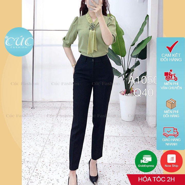 Áo sơ mi nữ CÚC FASHION somi tay ngắn cao cấp vải lụa đẹp kiểu công sở 2 màu xanh đen áo kẻ thêu cổ trắng A1152