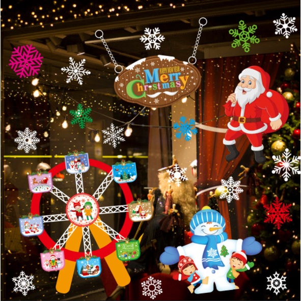 Decal dán tường Noel Hít Tĩnh Điện không Dơ Kính - Các bé vui chơi cùng người tuyết với Đu quay
