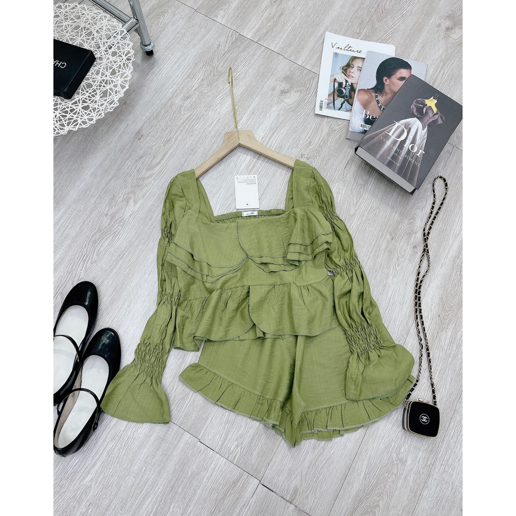 Bộ bèo xanh lá chun tay cổ vuông DN10166