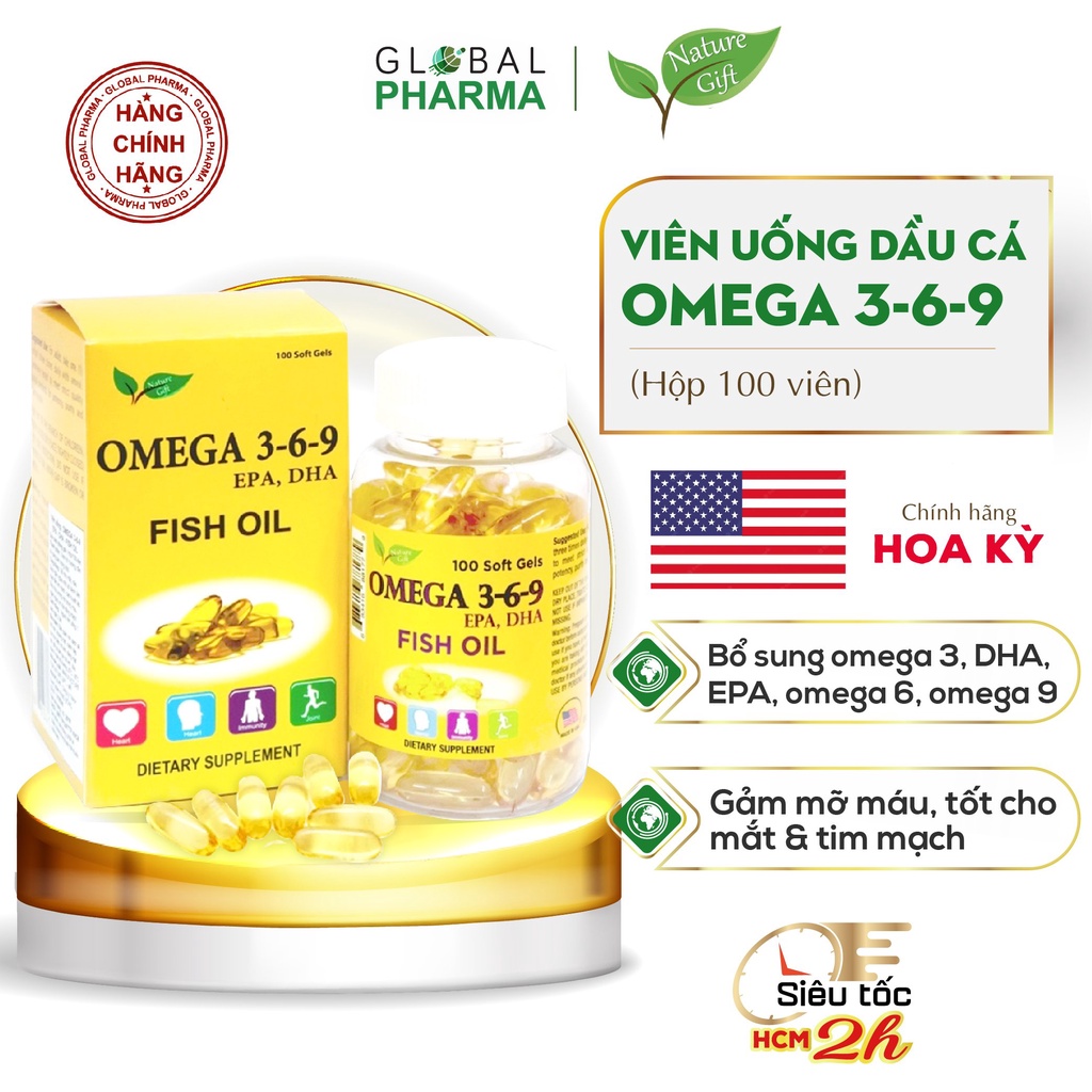 Viên dầu cá Omega 369 Nature Gift giảm mỡ máu, tốt cho não, mắt, tim mạch Hộp 100v