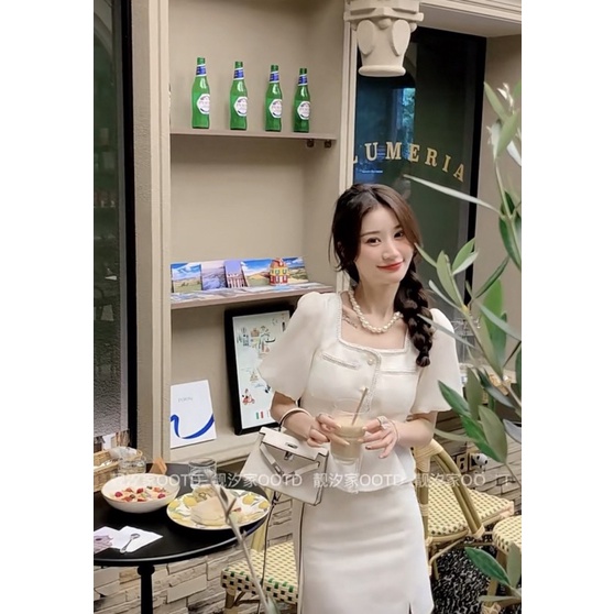 SET ÁO DẠ TAY PHỐI VOAN PEPLUM XOÈ NHẸ NÚT CỔ VIỀN REN + CHÂN VÁY XẺ