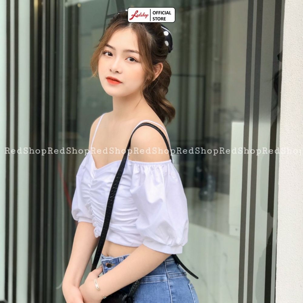 Áo Sơ Mi Croptop Trễ Vai Dây Vải Thô Chun Màu Trắng REDSHOP