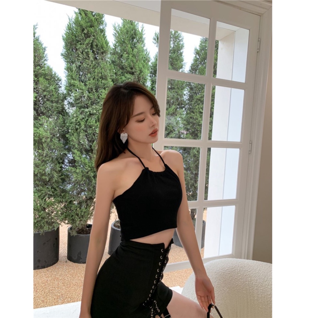 Áo croptop cổ yếm ôm body sexy, áo dây rút cổ yếm A112