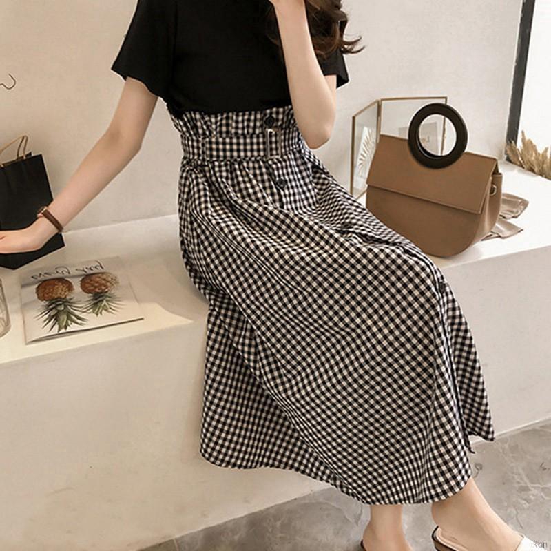 Set chân váy midi lưng cao + áo thun tay ngắn dành cho nữ