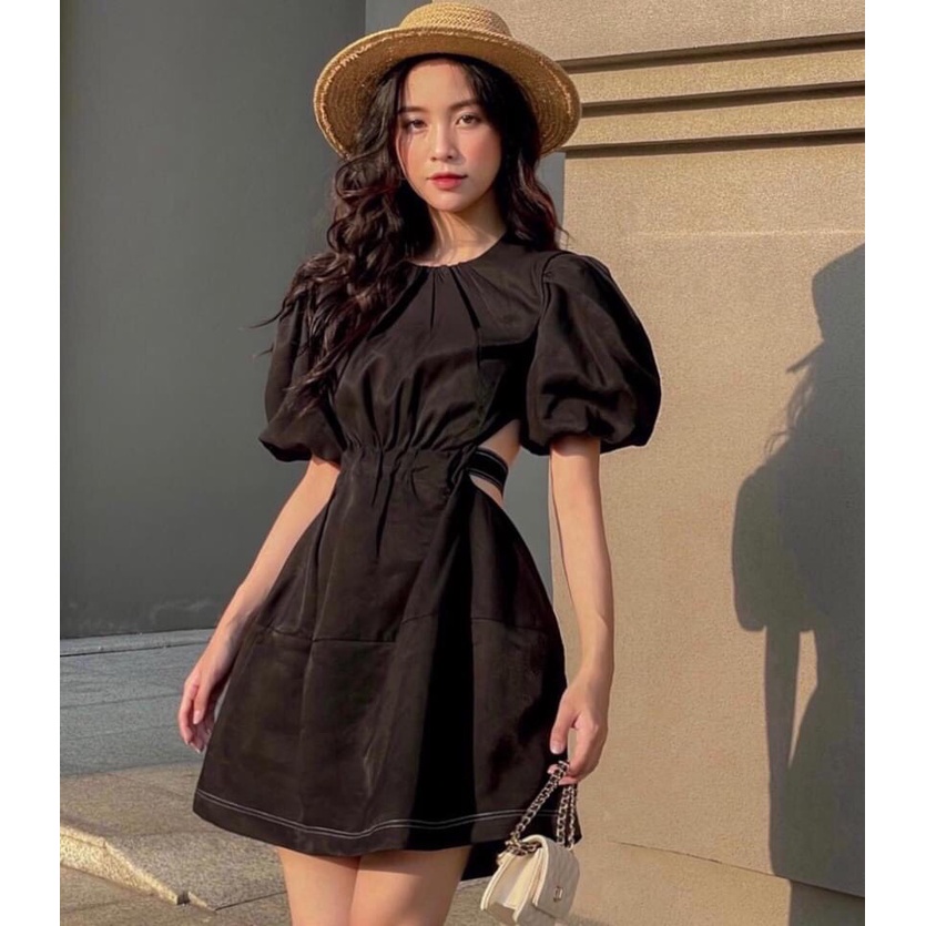 Váy đầm nữ cộc tay buộc nơ lưng chỉ nổi hở eo màu đen sexy freesize dáng xòe ngắn chun eo tôn dáng hàn quốc C785 | WebRaoVat - webraovat.net.vn