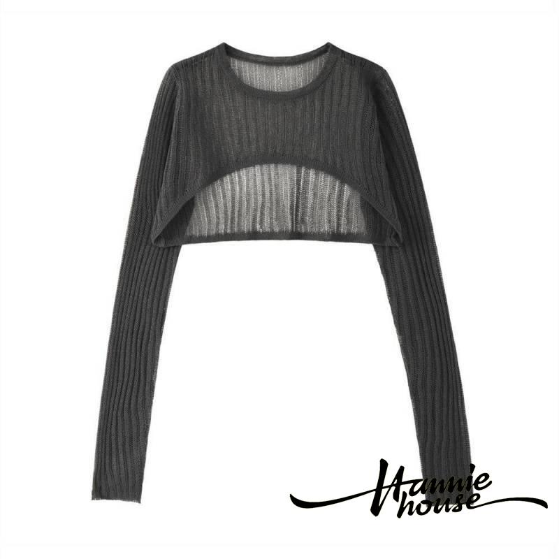 Hannie-Women Solid Color Long Sleeve Round Neck Cutout Sheer Knitted Cropped Tops