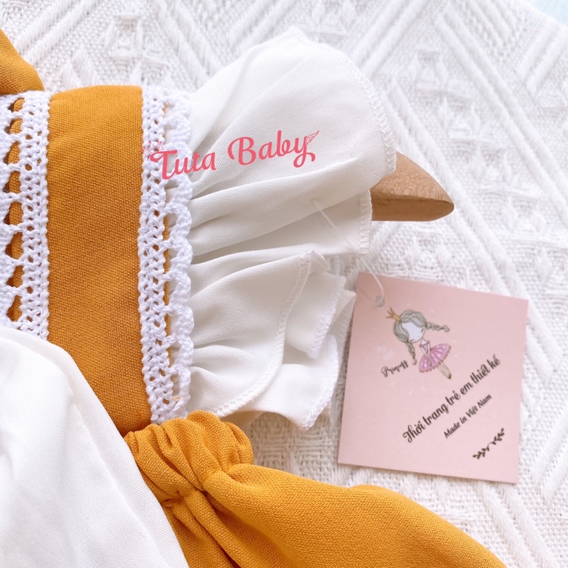 Bodysuit Cho Bé Gái Vàng 2 Dây Kẹp Ren Phối Nơ Ngực Xinh Xắn, Body Bé Gái Kèm Turban + Bao Chân Dễ Thương