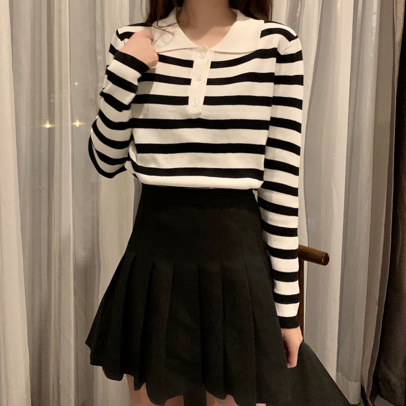 Áo Sweater Cổ Bẻ Kẻ Sọc Trắng Đen Phong Cách Cổ Điển Thời Trang Mùa Thu