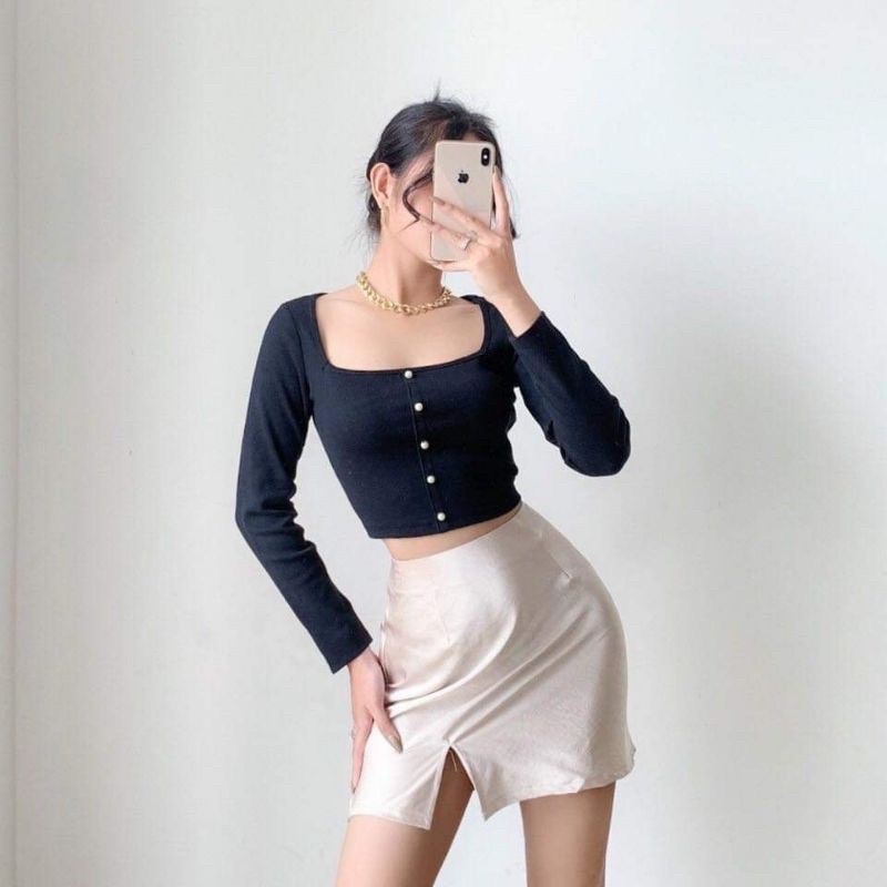 ÁO CỔ U ĐÍNH NGỌC TAY DÀI