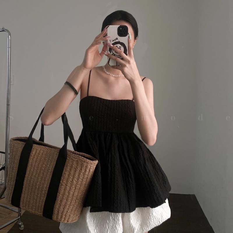 ÁO GẤM HAI DÂY CÓ ĐỆM NGỰC HỞ LƯNG CÁCH ĐIỆU áo babydoll hở lưng cánh tiên