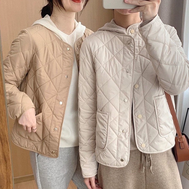 Áo khoác cotton không cổ dáng rộng phong cách mùa đông nữ tính