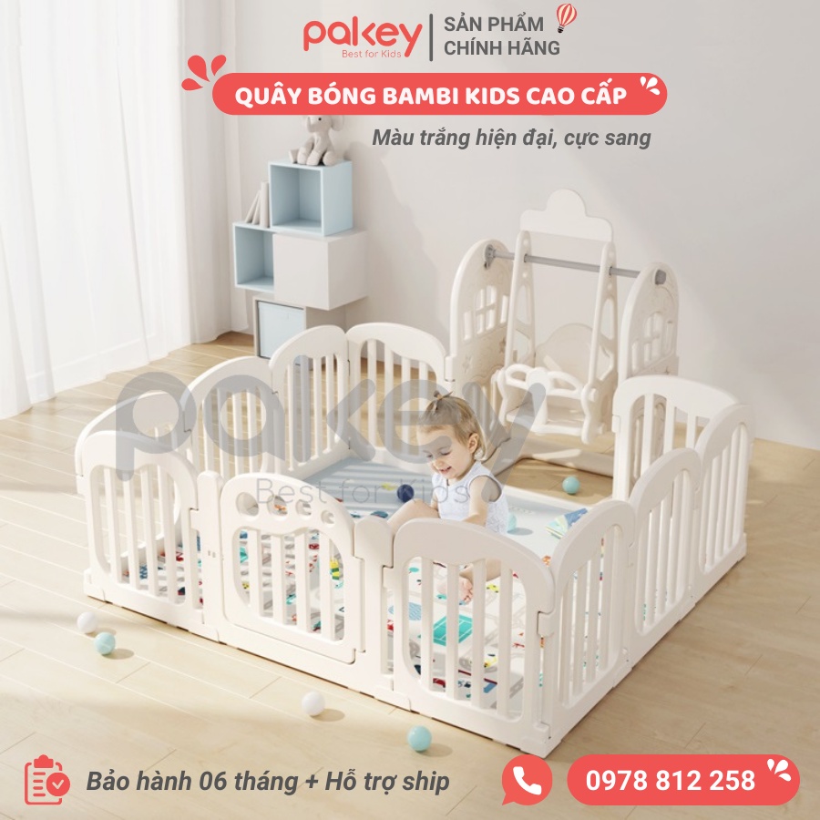 Quây cũi nhựa Pakey Bambi Kids xuất Âu CAO 65CM, Tặng kèm 100 bóng + thảm dày, sản phẩm độc quyền New Sun Babies