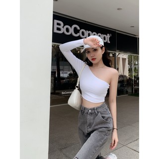 Áo croptop tay dài lệch vai trơn thun gân