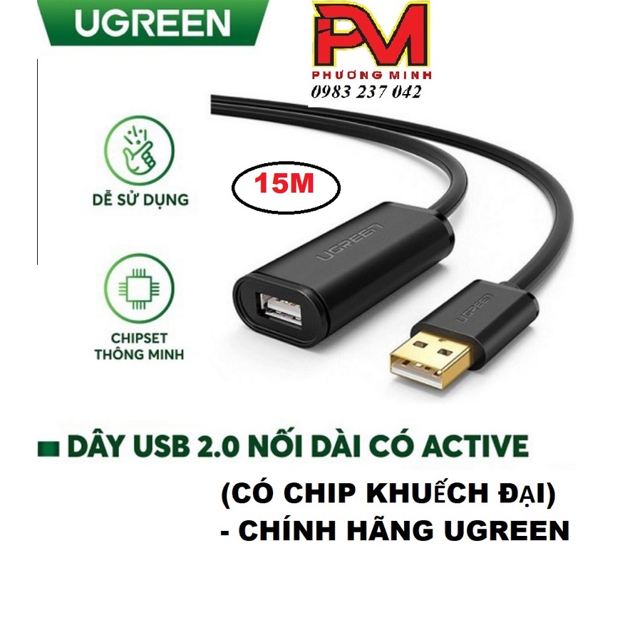 Cáp USB nối dài 15m có chíp khuếch đại chính hãng Ugreen 10323 CAO CẤP