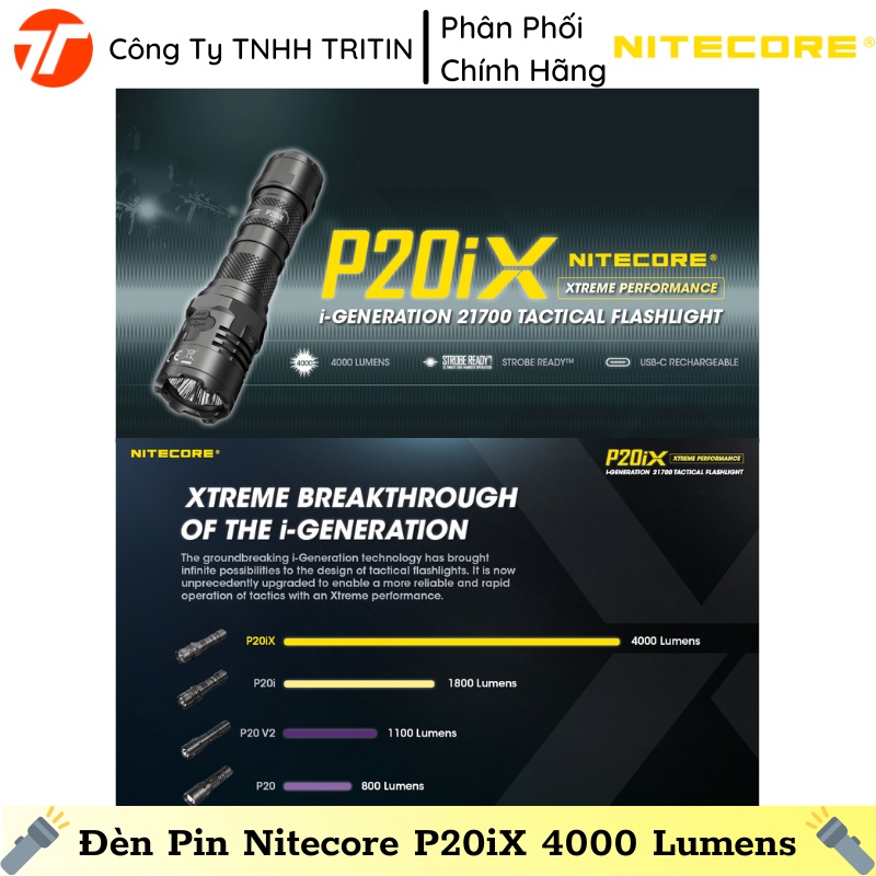 Đèn Pin Chiến Thuật Nitecore P20iX, 4000 Lumens, Tầm Chiếu 221m, Pin Li-ion 21700, 116g | TRITINCO