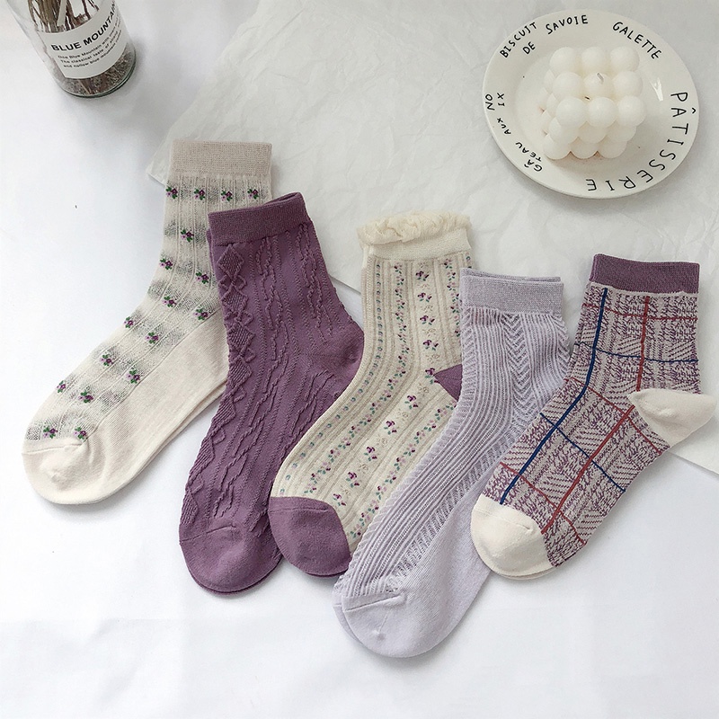 Vớ ngắn cotton họa tiết hoa kẻ sọc màu tím khoai môn dễ thương lãng mạn ấm áp thời trang thu đông