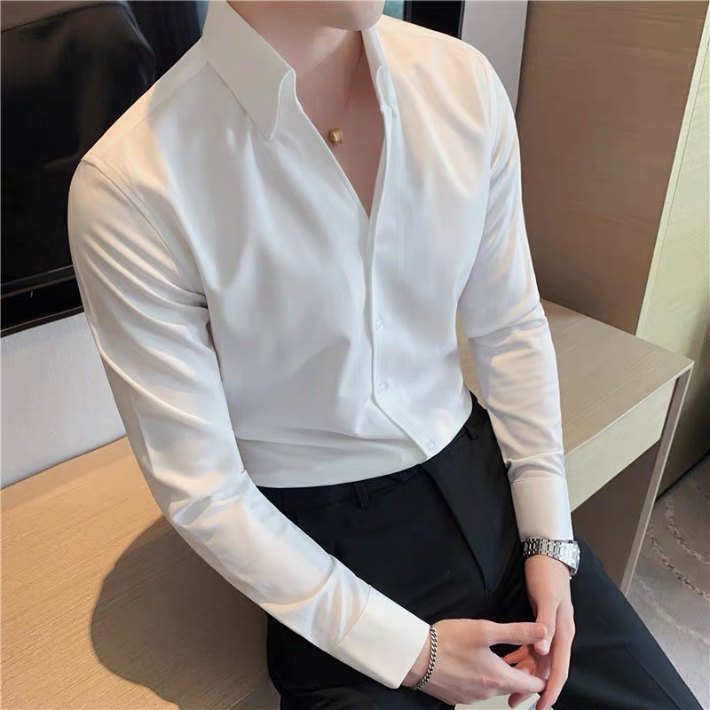 Áo Sơ Mi Nam Kiểu Cổ Mới Hàn Quốc Cao Cấp - dáng ôm body , vải lụa trơn cao cấp không nhăn