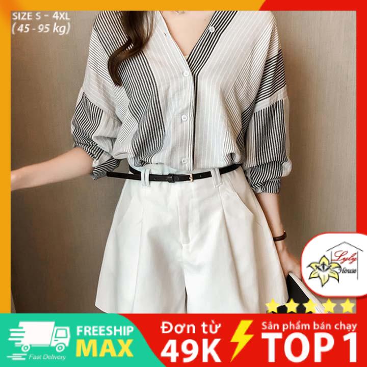 Áo sơ mi nữ công sở đẹp tay dài form rộng họa tiết sọc có size 45 - 95kg